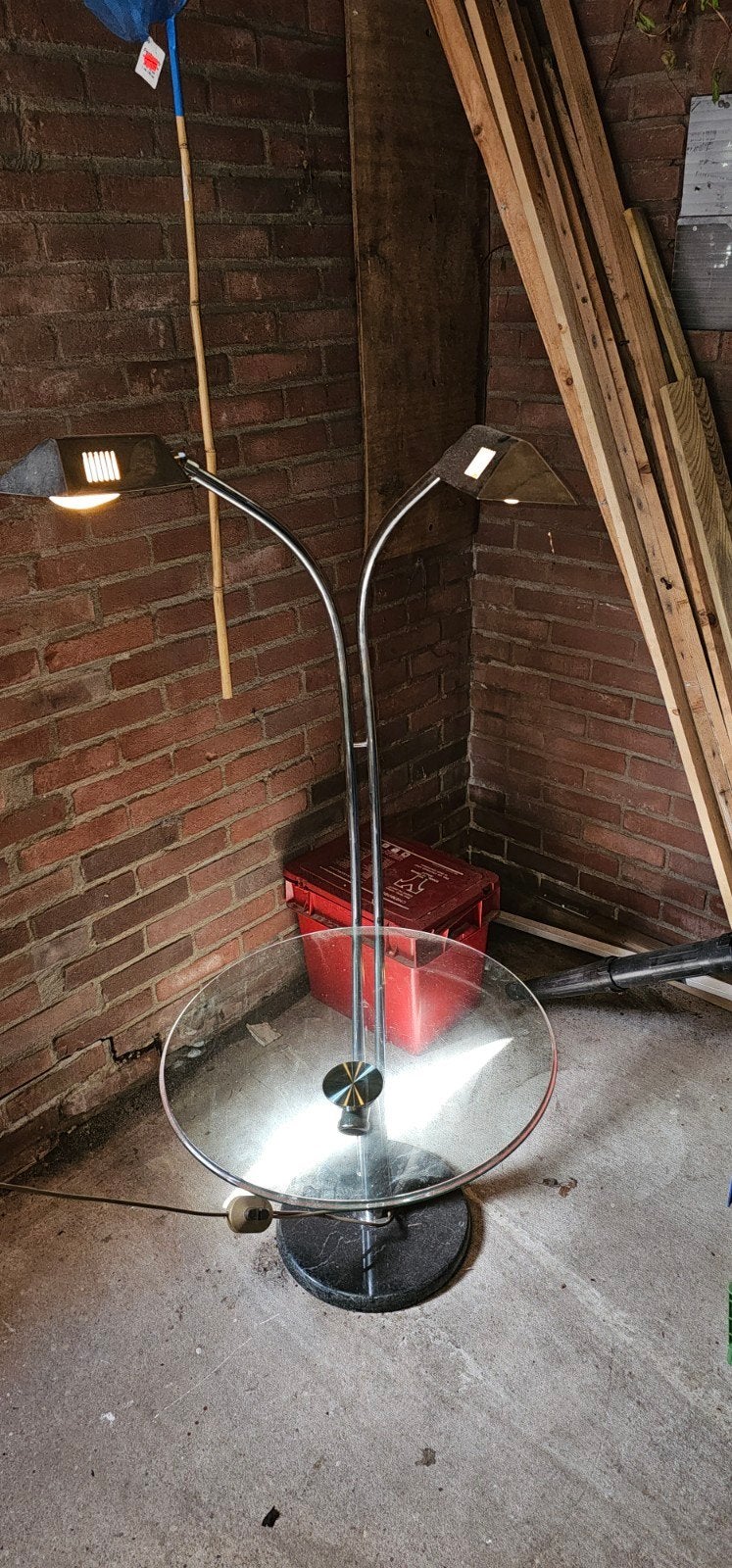Vintage vloerlamp met glazen tafelblad, Huis en Inrichting, Ophalen, Gebruikt, Vintage, Retro, Glas
