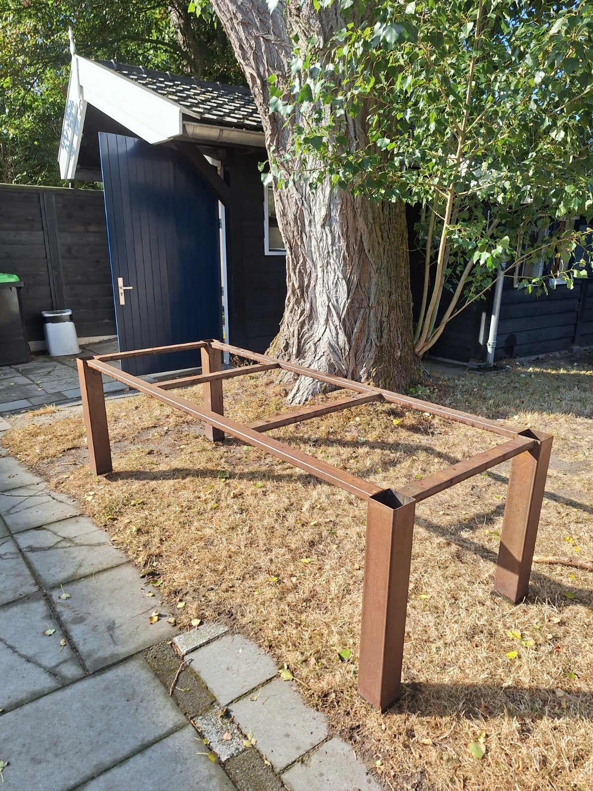 Metalen tuintafelframe met hardhouten voetjes (240x92x71), Tuin en Terras, Ophalen, Gebruikt, Rechthoekig, Metaal