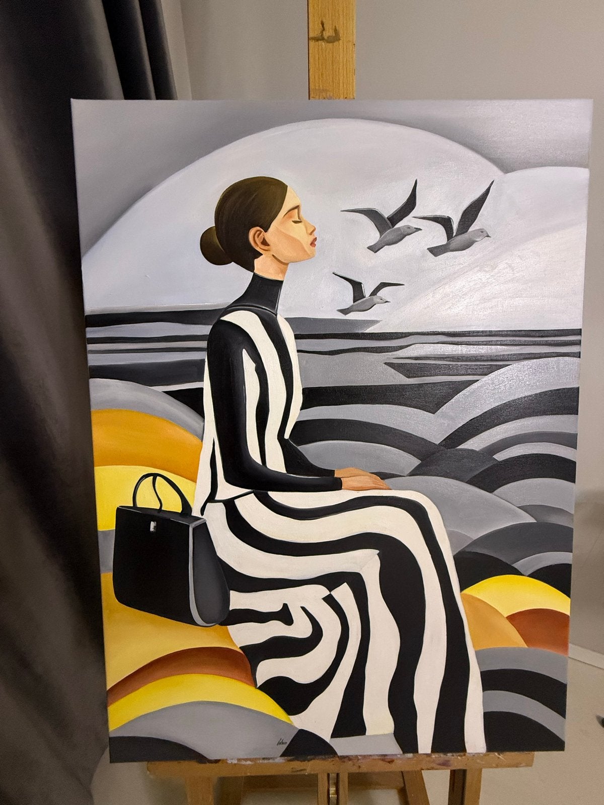 Modern olieverfschilderij vrouw met zebraprint jurk 50x70, Antiek en Kunst, Figuren, Handgeschilderd, Ophalen of Verzenden, Olieverf