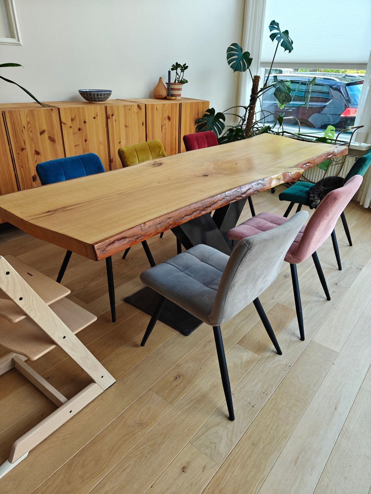 Massief eiken boomstamtafel 240 cm x 75 cm, Ophalen, Gebruikt, 200 cm of meer, 50 tot 100 cm