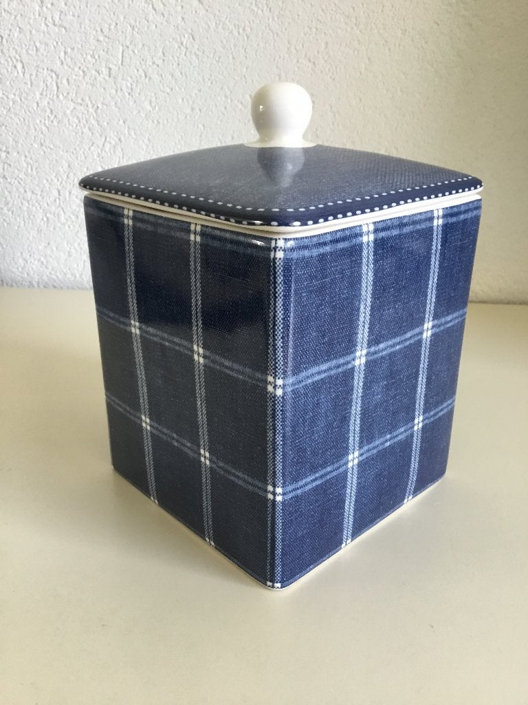 At home with MARIEKE voorraadpot denimlook 12,6x12,6x18,5, Overige merken, Overige typen, Ophalen of Verzenden, Zo goed als nieuw