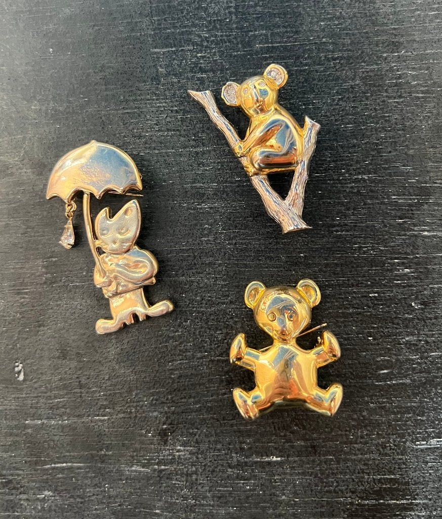 Vintage lot goudkleurig vergulde broches strass dieren speld, Overige materialen, 4 tot 7 cm, Met strass, Ophalen of Verzenden