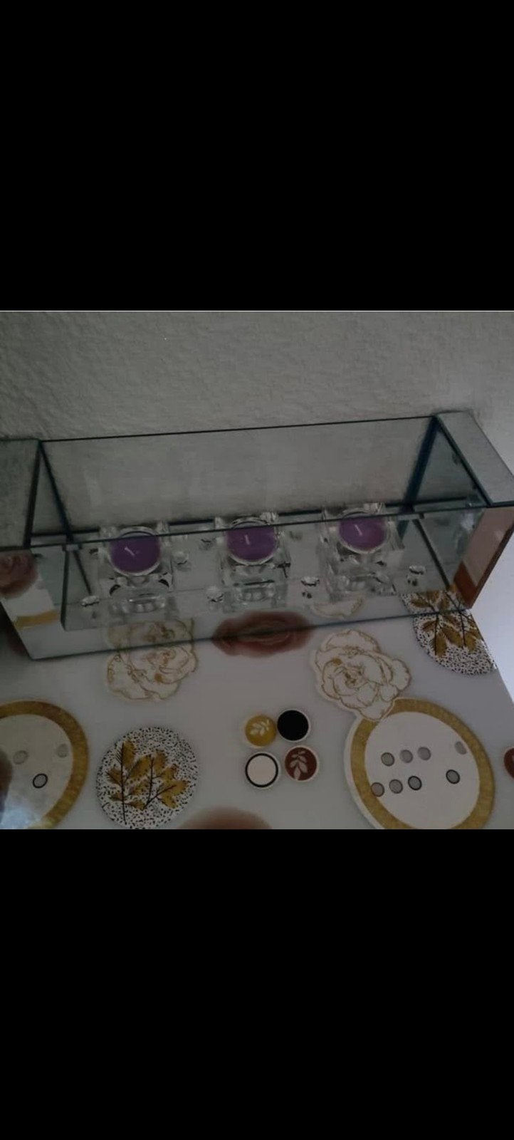 Glazen kandelaar met spiegel en waxinelichtjes, Ophalen, Gebruikt, Glas, Kandelaar