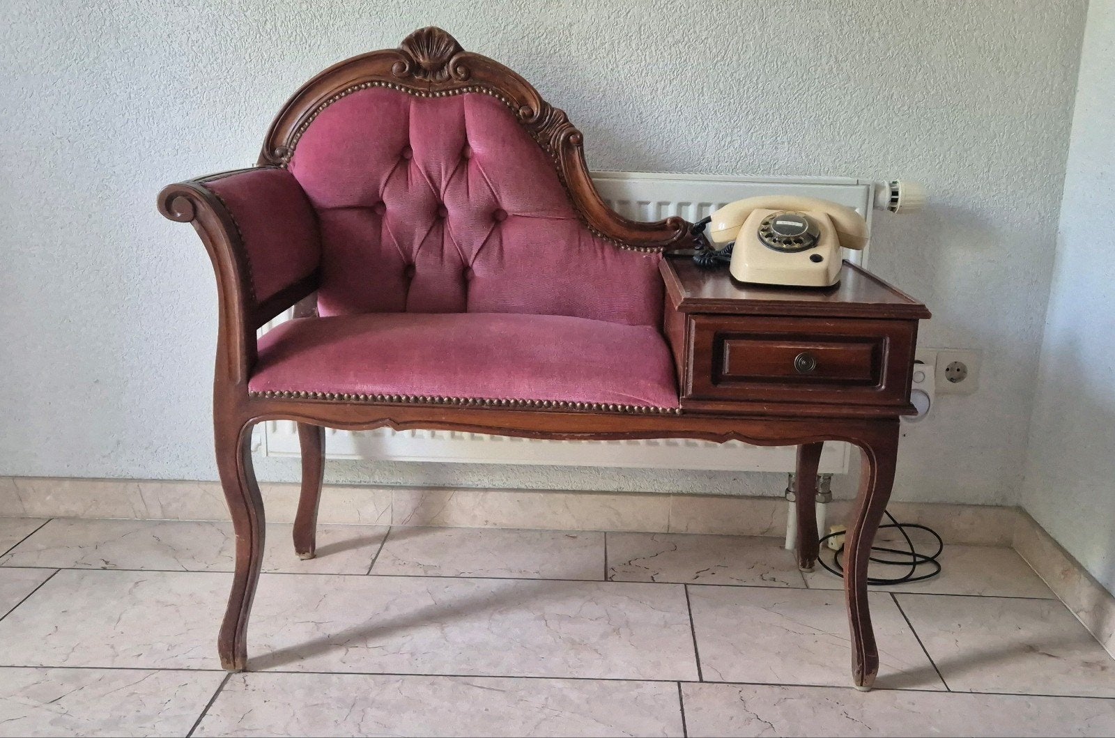 Antieke Telefoonbank met Lade - Roze Fluweel, Ophalen