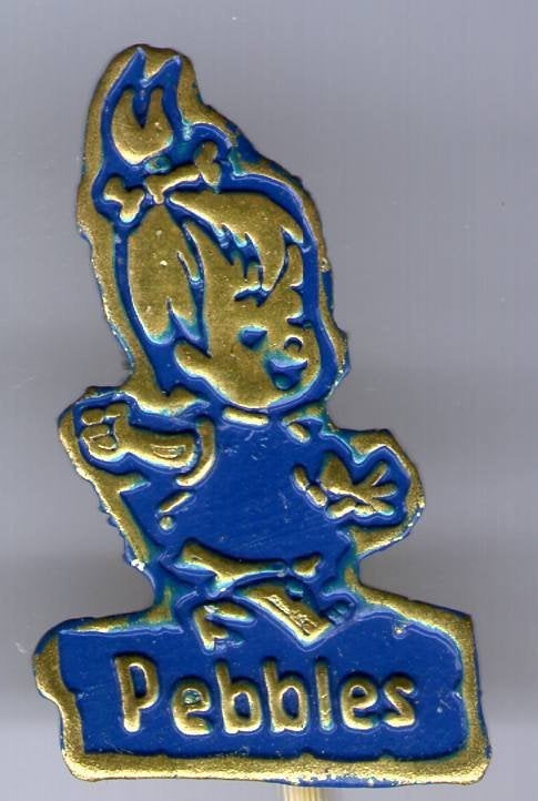 Pebbles Flintstones blauw op koper strip/tv speldje( R_166), Verzamelen, Verzenden, Zo goed als nieuw, Figuurtje, Speldje of Pin
