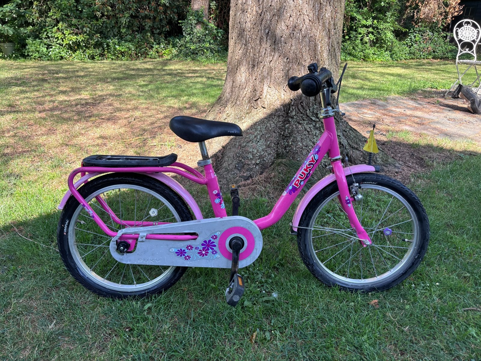 Puky meisjesfiets 18 inch - Roze met bloemen, Ophalen, Terugtraprem, Gebruikt, Handrem