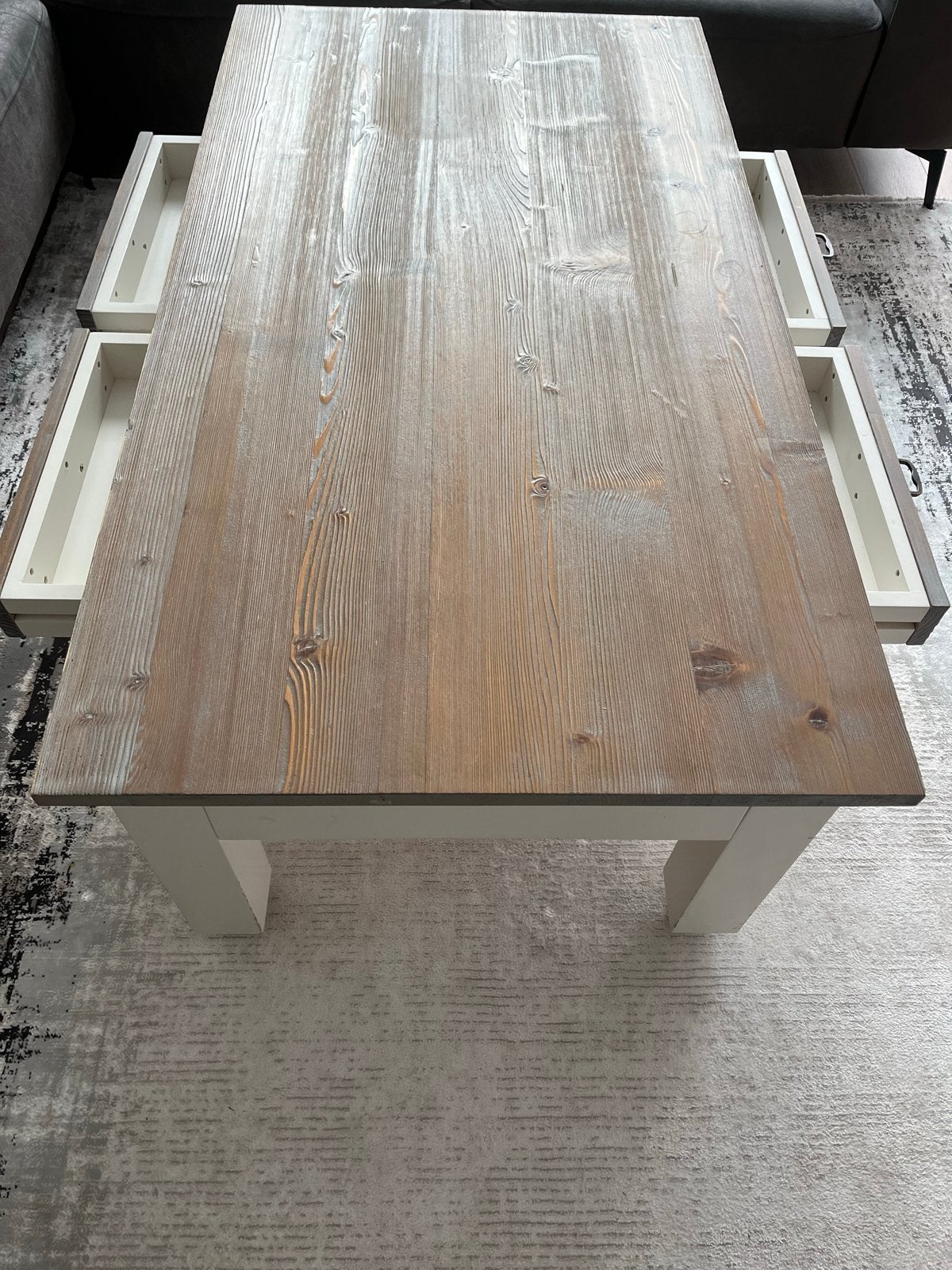 Salontafel met lades en wieltjes - Hout en wit, Ophalen, Gebruikt, 100 tot 150 cm, 50 tot 100 cm