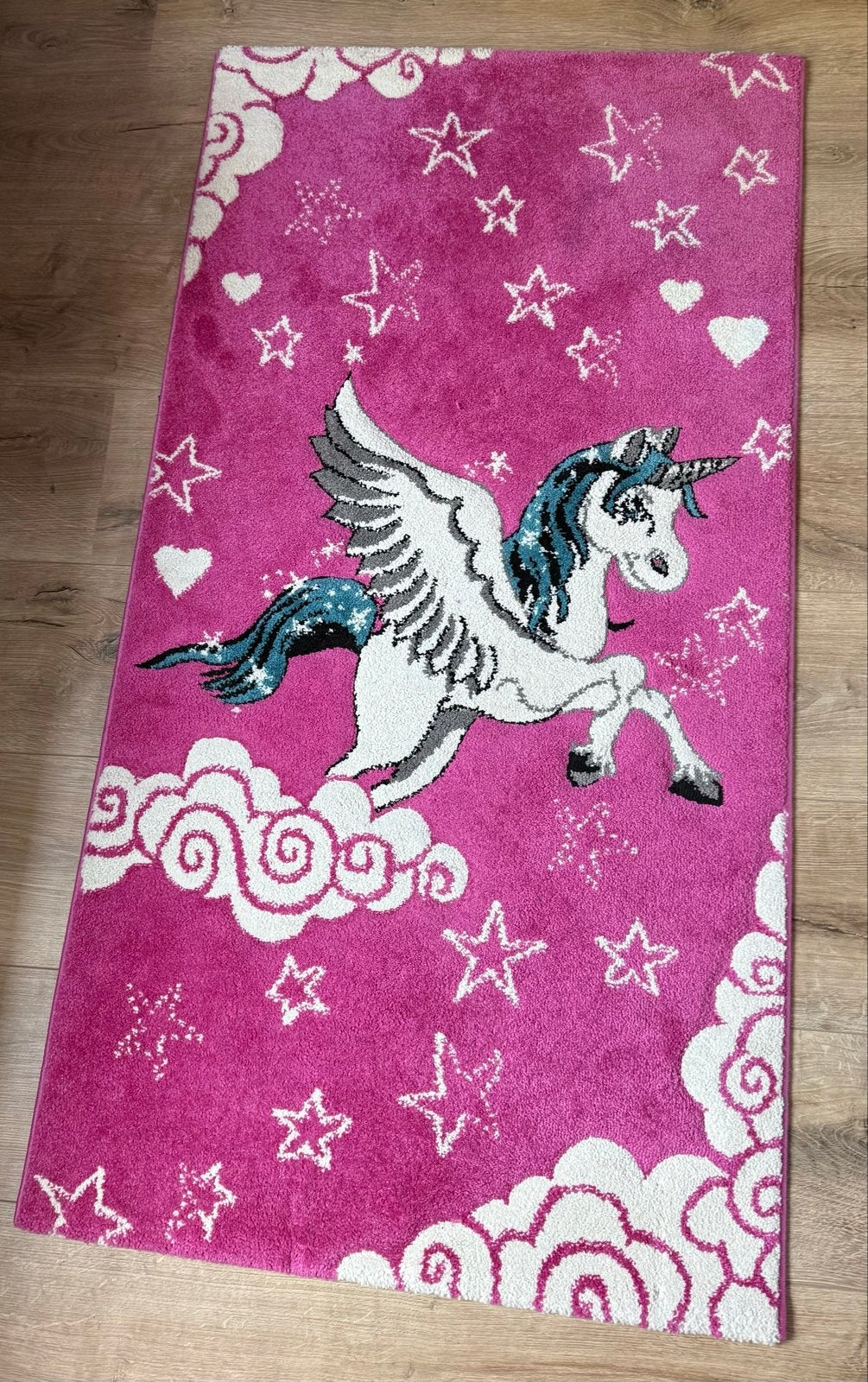 Eenhoorn vloerkleed roze 153x80 cm, Gebruikt, Roze, 150 tot 200 cm, Rechthoekig