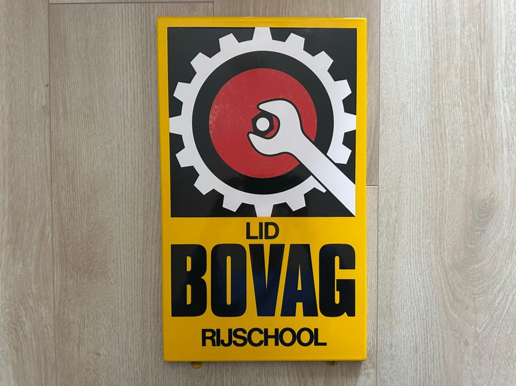 Emaille Reclamebord BOVAG Rijschool, Verzamelen, Merken en Reclamevoorwerpen, Ophalen of Verzenden, Gebruikt, Reclamebord