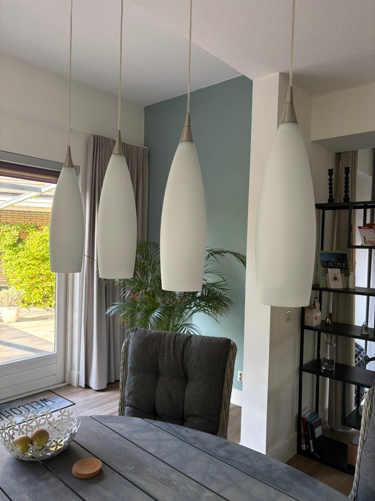 Bijzondere Eettafellamp met kegelvormige kappen + Innrlampen, Ophalen, E14 (klein), Zo goed als nieuw, Glas