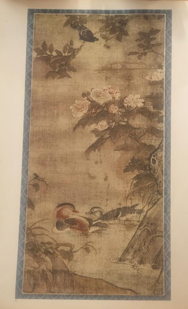 Oosterse kunstprint met mandarijneenden en bloemen, Antiek en Kunst, Kunst | Schilderijen | Klassiek, Ophalen of Verzenden