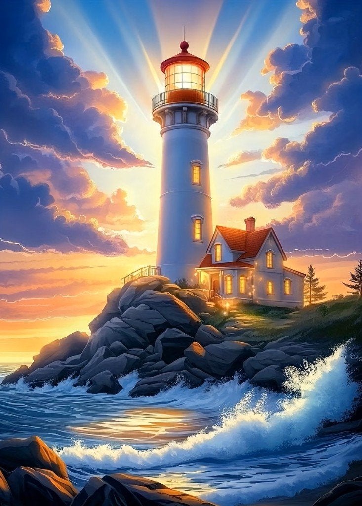 50x40cm Diamond Painting vuurtoren zonlicht (rond) nr 89, Zee en Strand, Nieuw, Meerkleurig, Ophalen of Verzenden