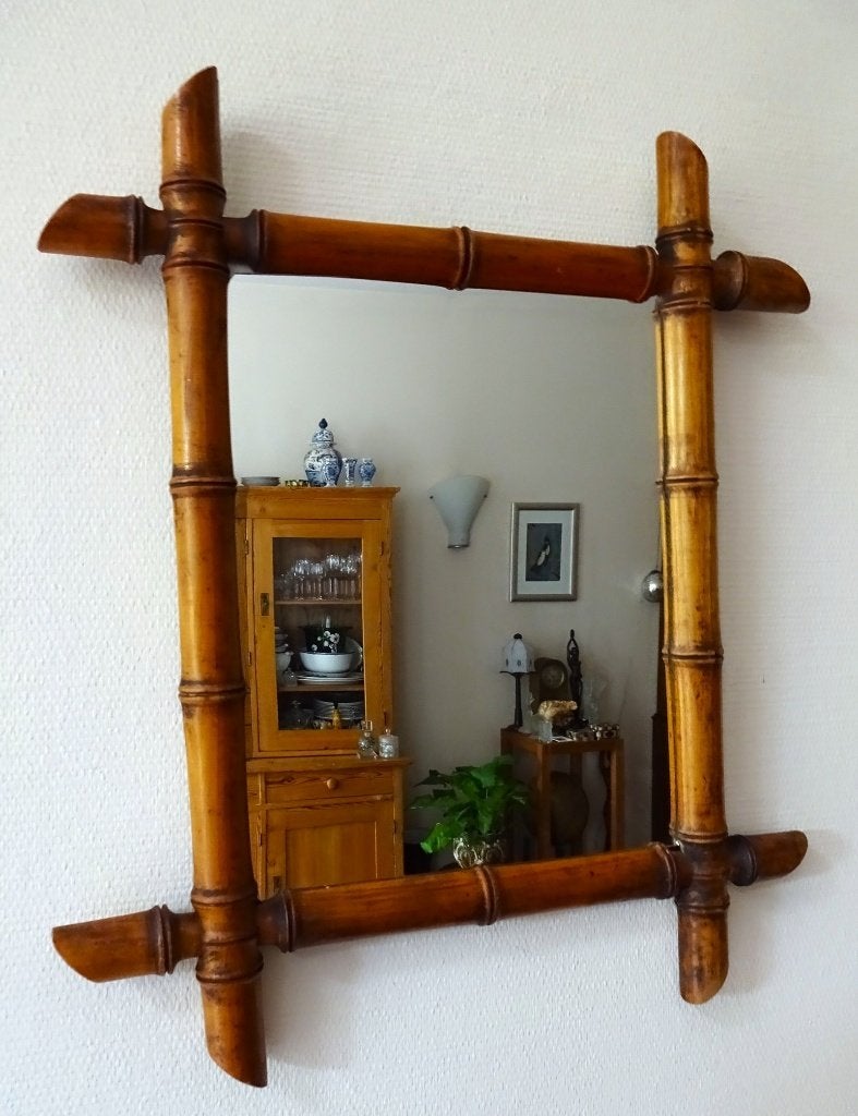 Antiek Franse wandspiegel, houten lijst: bamboe effect, Ophalen of Verzenden, Rechthoekig, Minder dan 50 cm, Minder dan 100 cm