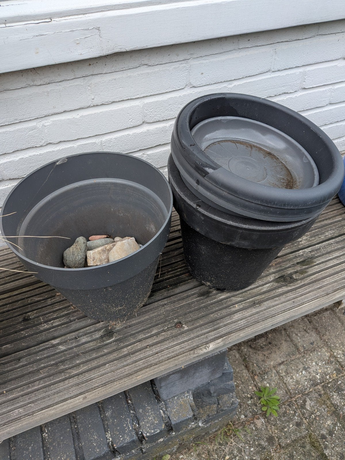 Set van 4 gebruikte kunststof bloempotten, Kunststof, Gebruikt, Rond, Minder dan 40 cm