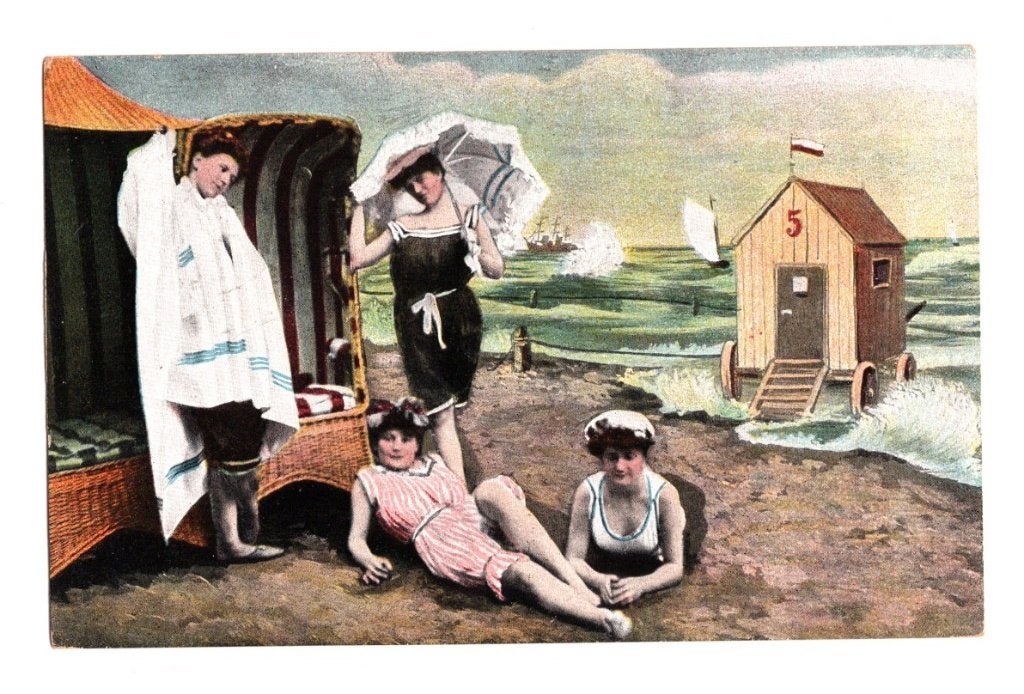 Antieke Fotokaart Strandhuisje Baders Ongelopen, Ophalen of Verzenden, Voor 1920, Ongelopen