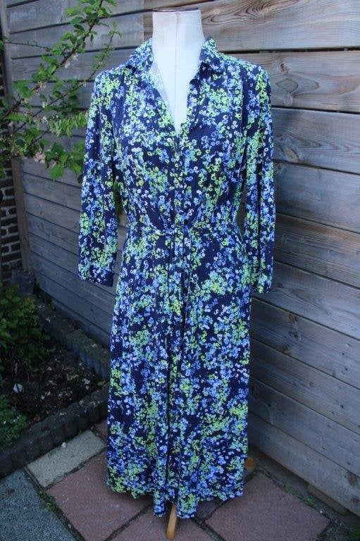 Doorknoopjurk donkerblauw/ geel Sandwich mt 44 Maxi Vaste pr, Maat 38/40 (M), Blauw, Ophalen of Verzenden, Zo goed als nieuw