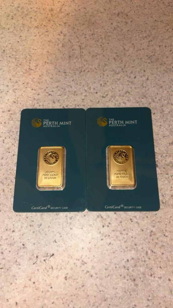 2x Perth Mint 20 Gram Pure Gold Baren in CertiCard, Ophalen of Verzenden, Goud