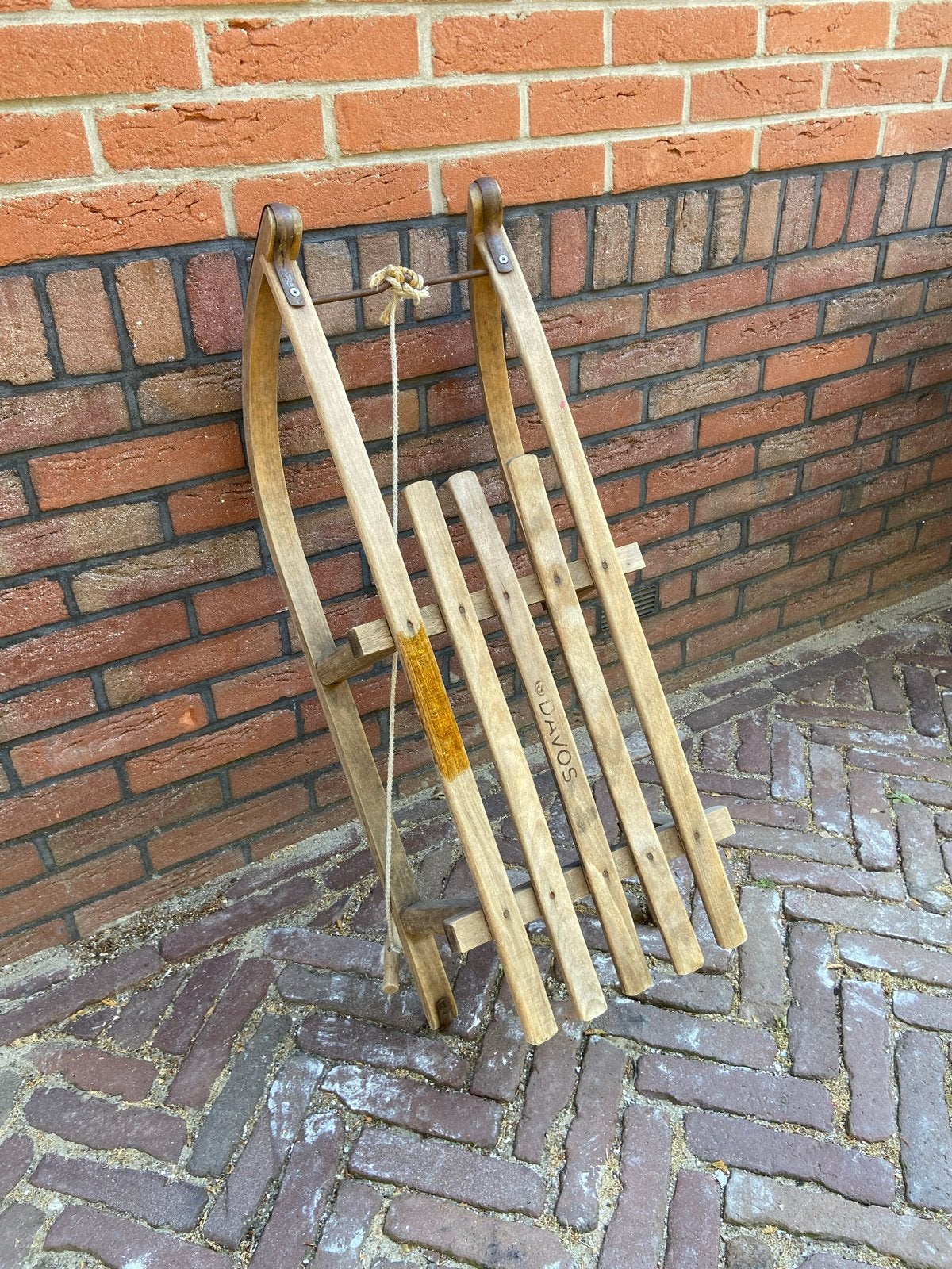 Vintage houten slee Davos, 80 cm lang, Ophalen