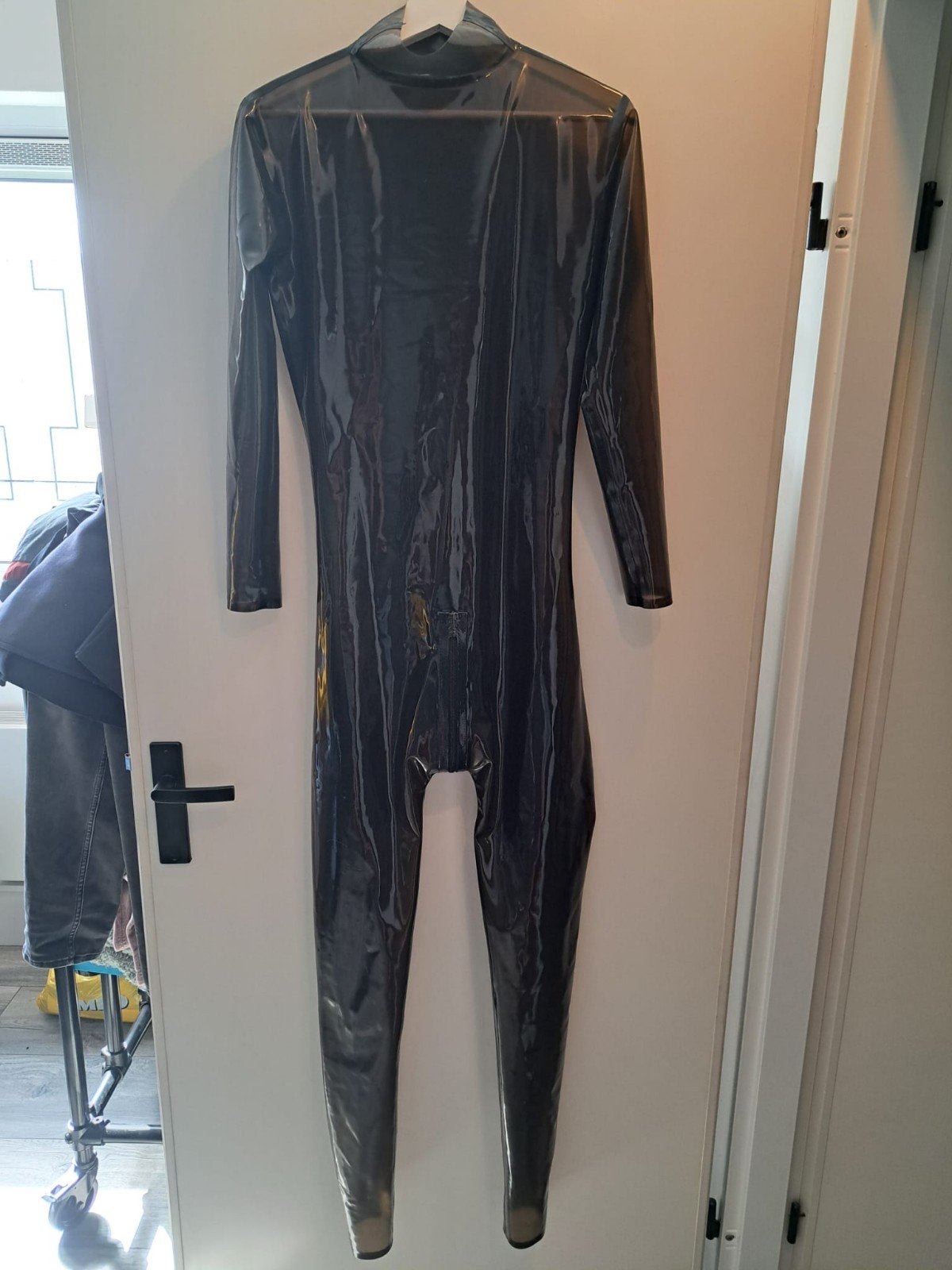 Zwart smoke latex neck entry catsuit., Onbekend, Verzenden, Zo goed als nieuw