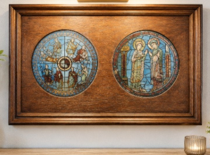 Antiek gebrandschilderd paneel met religieuze voorstellingen, Verzenden