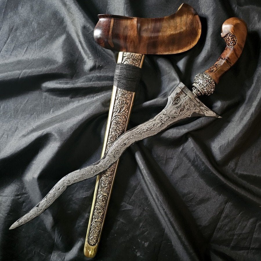 Keris Pulanggeni 5 Luk Ngulit Semangka Surakarta Kris KNL65, Wapen, Indonesië, Meerkleurig, Handgemaakt