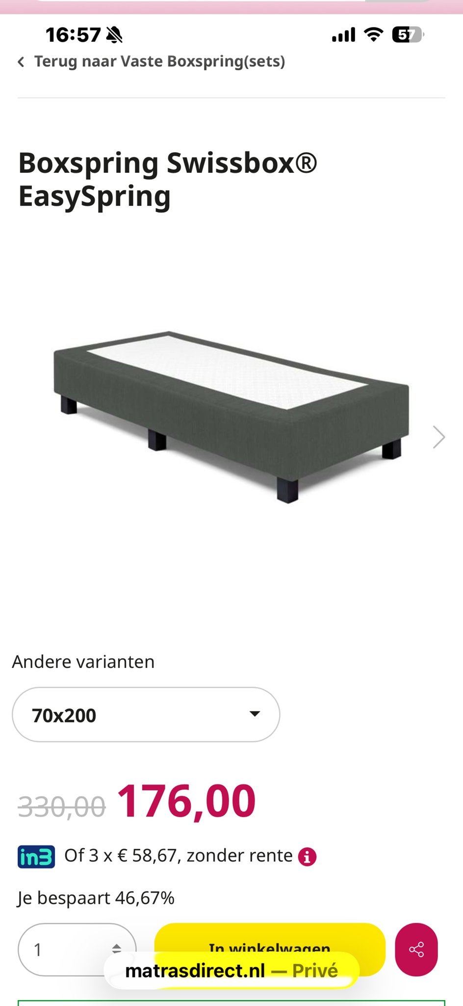 Eenpersoons boxspring met matras 70x200 cm, Ophalen, Zo goed als nieuw, Bedbodem, 200 cm
