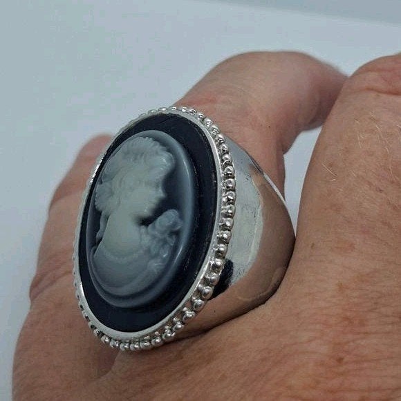 Grote Zilveren Ring 925 met Zwarte Camee - Maat 58, 20 of groter, Ophalen of Verzenden, Zo goed als nieuw, Met edelsteen
