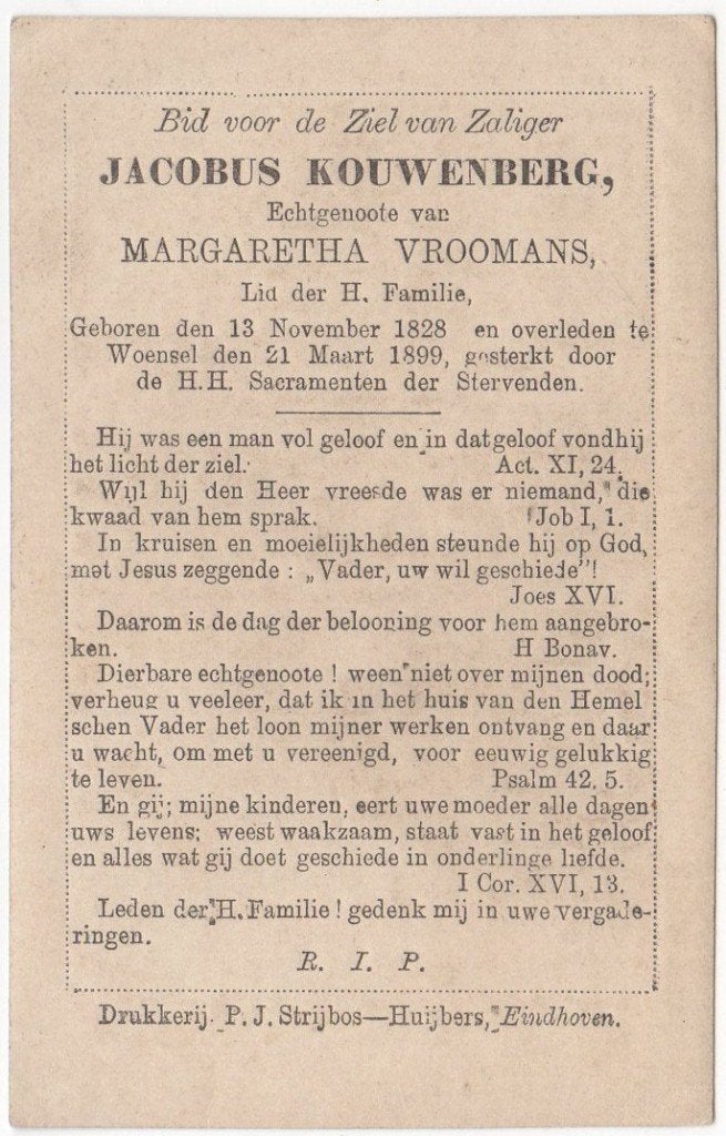 Jacobus Kouwenberg 1828 - 1899 Woensel/Nijmegen, 70 jaar oud, Verzenden