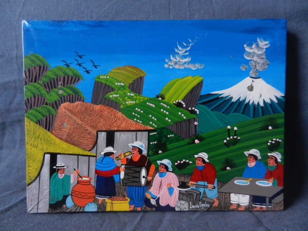 Olieverf Zuid-Amerikaans landschap met figuren door L Ugsha, Ophalen of Verzenden