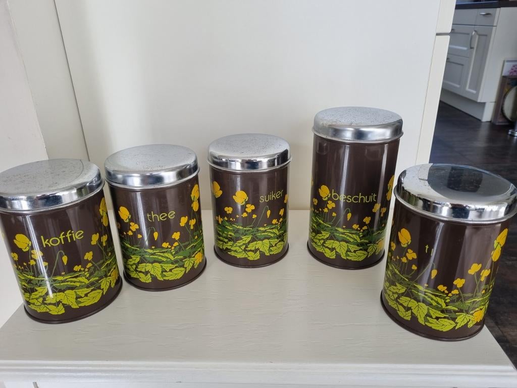 Vintage, Brabantia voorraadbussen 5 stuks, Huis en Inrichting, Keuken | Keukenbenodigdheden, Gebruikt, Ophalen of Verzenden, Metaal