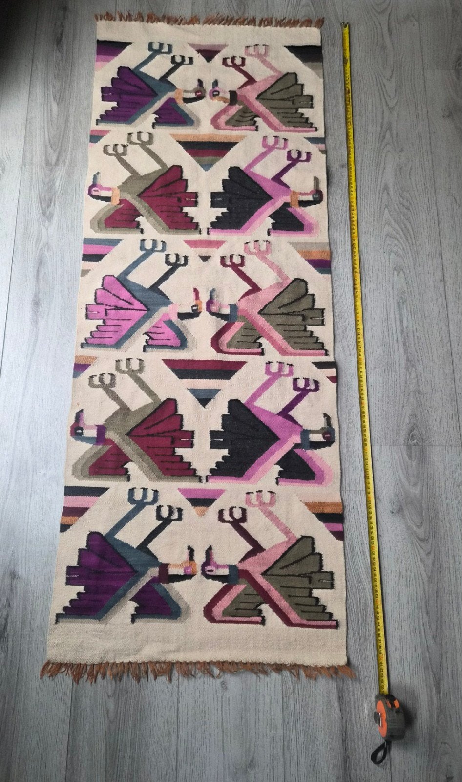 Vintage Etnisch handgeweven wollen loper met vogelmotief, Minder dan 50 cm, Gebruikt, 100 tot 150 cm, Ophalen of Verzenden