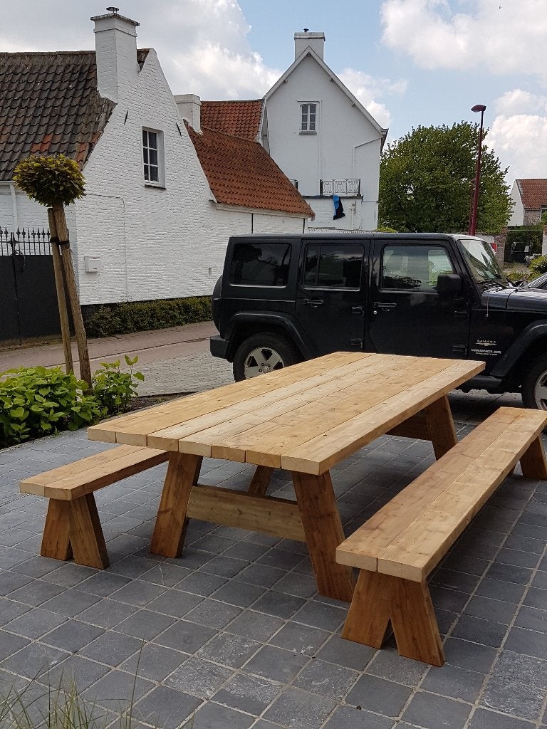 Tuintafel picknicktafel balken sloophout op maat, Ophalen, Nieuw, 250 cm of meer, Balken