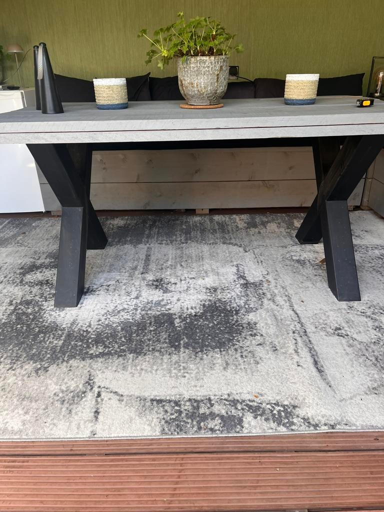 Tuintafel steigerhout met zwarte stalen kruispoten, Tuin en Terras, Tuintafels, Ophalen, Gebruikt, Rechthoekig, Hout