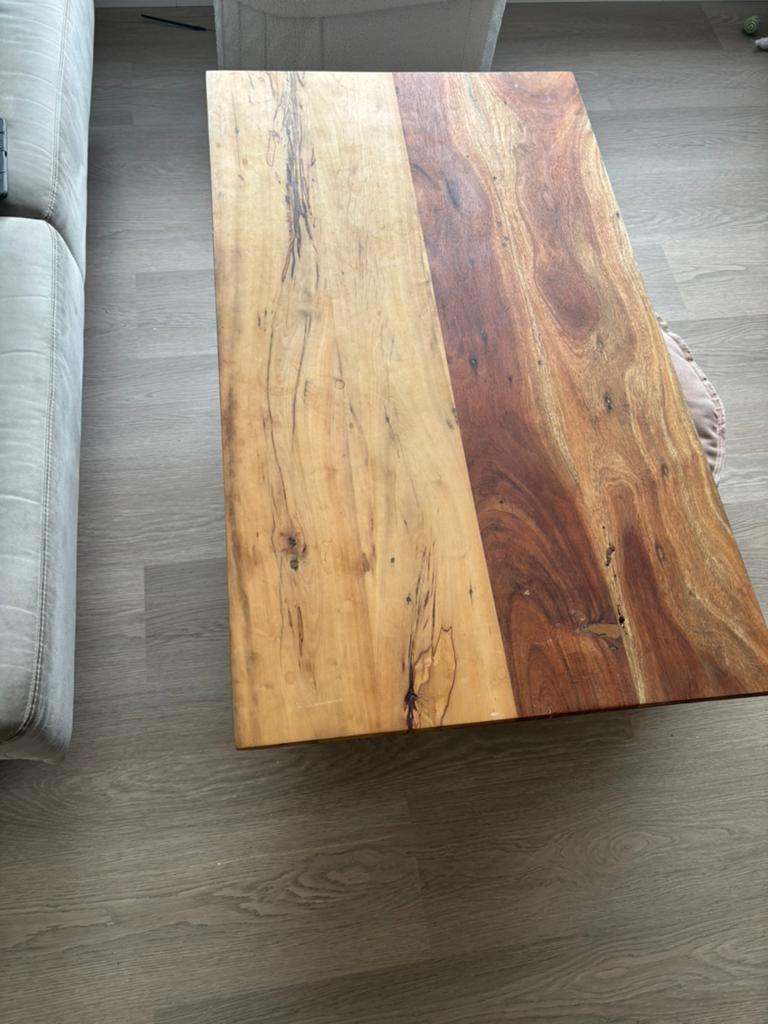 Houten salon tafel met stalen poten, Ophalen, 100 tot 150 cm, 50 tot 100 cm, Minder dan 50 cm