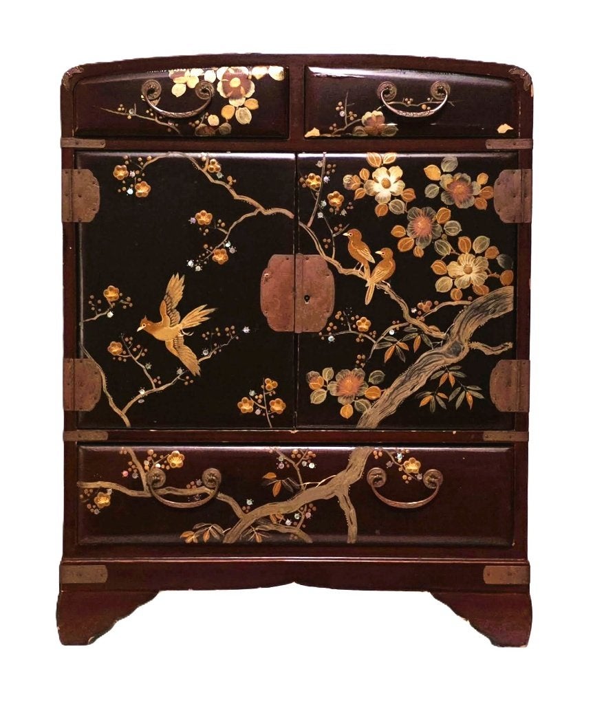 Antiek Japans kabinet, lakwerk met parelmoer., Ophalen of Verzenden