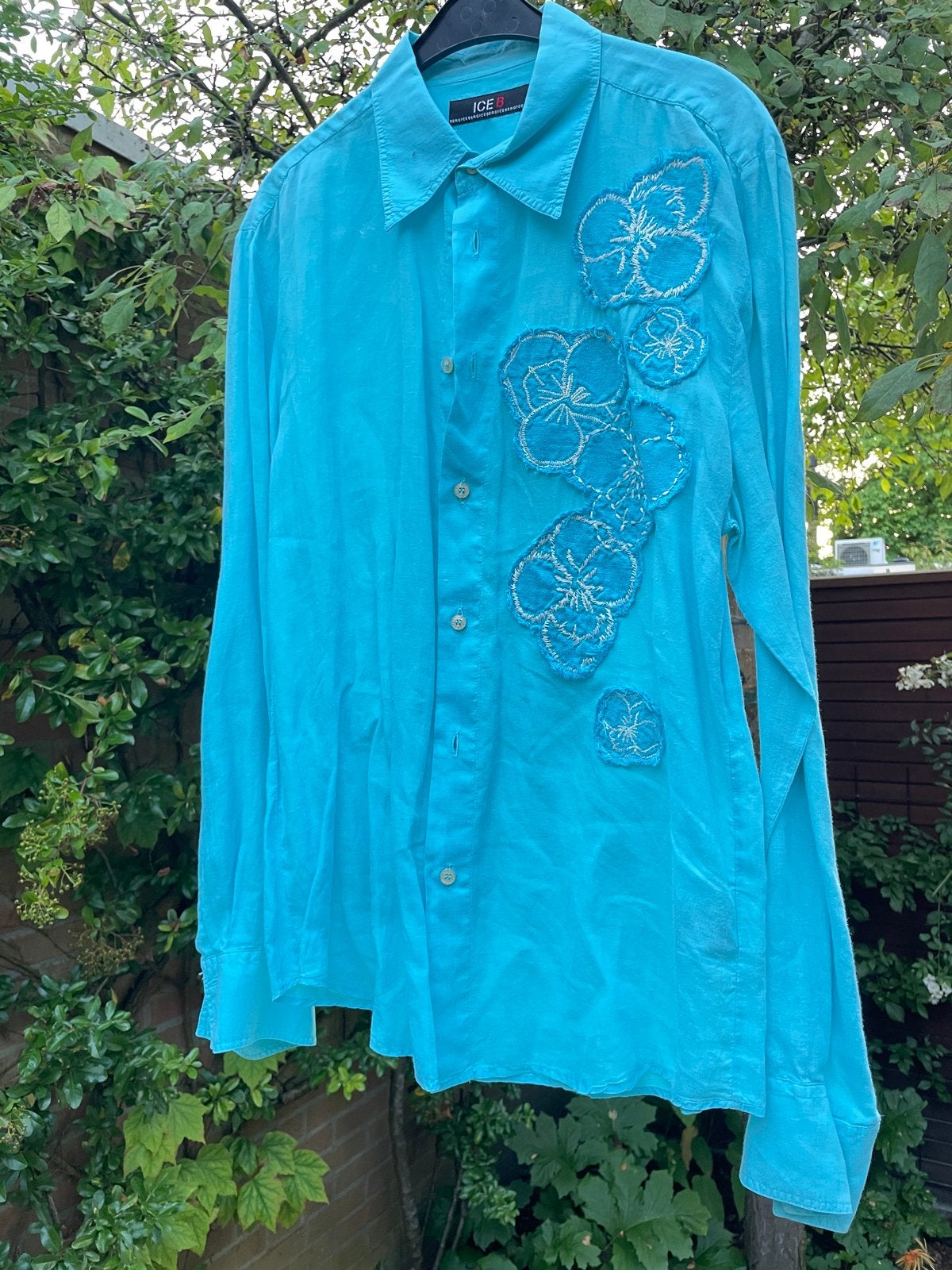 ICEBERG Heren overhemd turquoise met bloemen borduursel, Ophalen of Verzenden, Zo goed als nieuw, Overige kleuren, Halswijdte 41/42 (L)