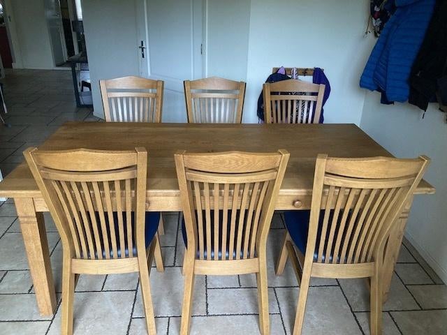Massief Eiken eettafel met stoelen, Ophalen, Gebruikt, Eikenhout, 200 cm of meer