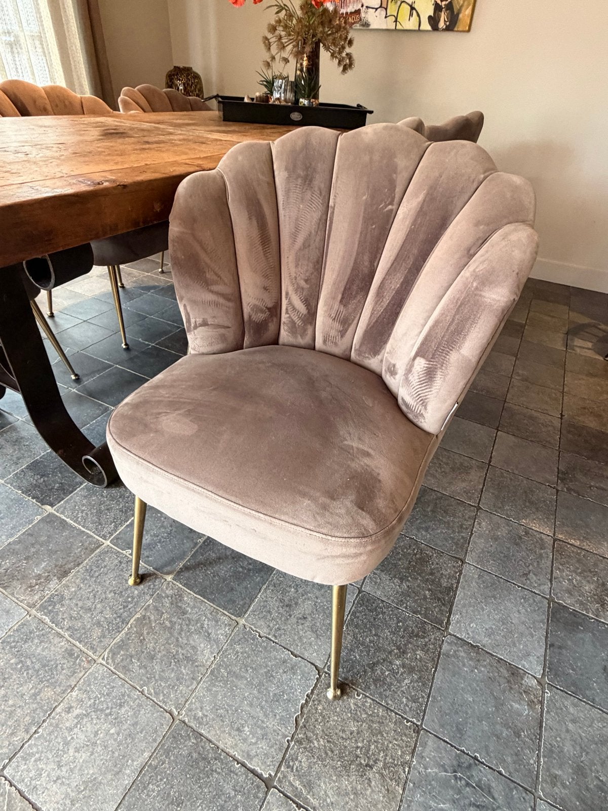 6x Richmond Pippa eetkamerstoelen - Taupe fluweel, Huis en Inrichting, Stoelen, Gebruikt, Overige kleuren, Ophalen of Verzenden