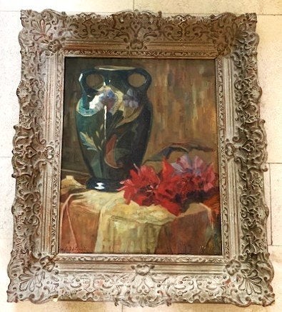 Plateelvaas in stilleven - Leon. J. v. Bijsterveld 1888-1955, Doek, Stilleven, Impressionistisch, Ophalen of Verzenden