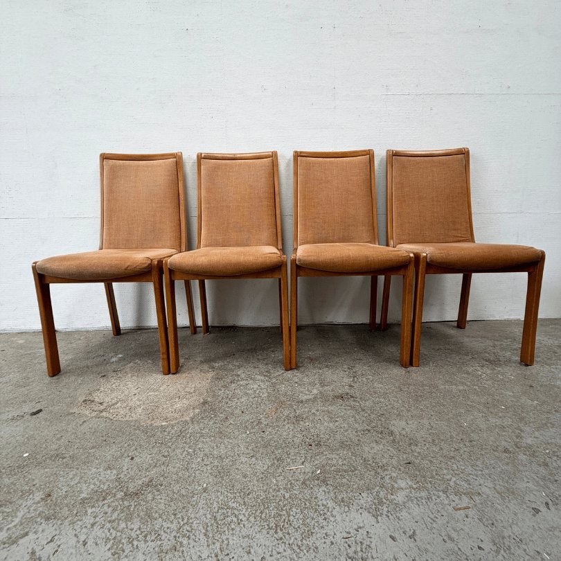 4x vintage midcentury eetkamerstoelen hout, beige ribstof, Ophalen, Gebruikt, Vintage, japandi, Bruin