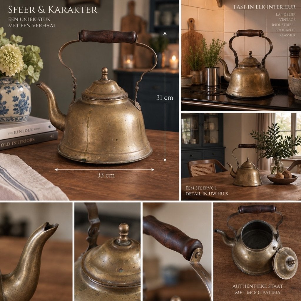 Oude messing waterketel / theeketel – houten handvat, Antiek en Kunst, Ophalen of Verzenden
