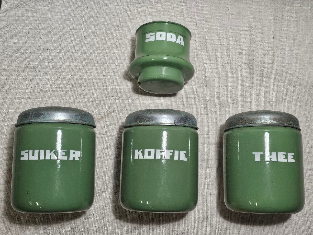 Vintage emaille voorraadpotten set - Suiker, Koffie, Thee, S, Ophalen of Verzenden