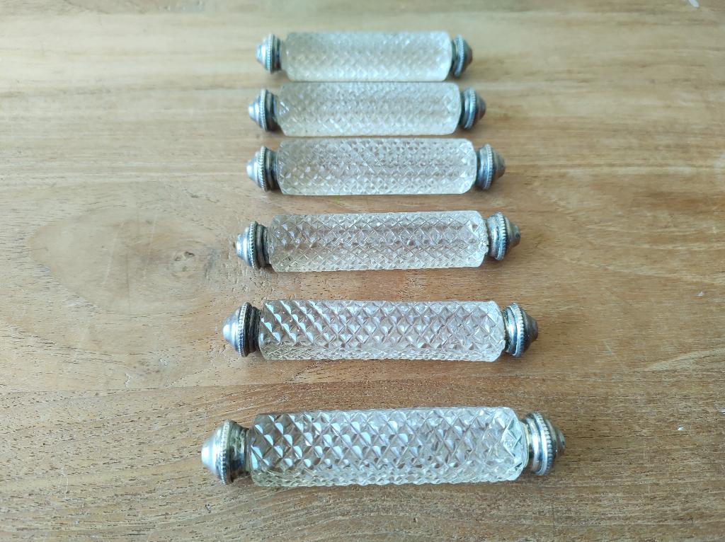 Set van 6 antieke kristal messenleggers met zilveren eind, Ophalen of Verzenden
