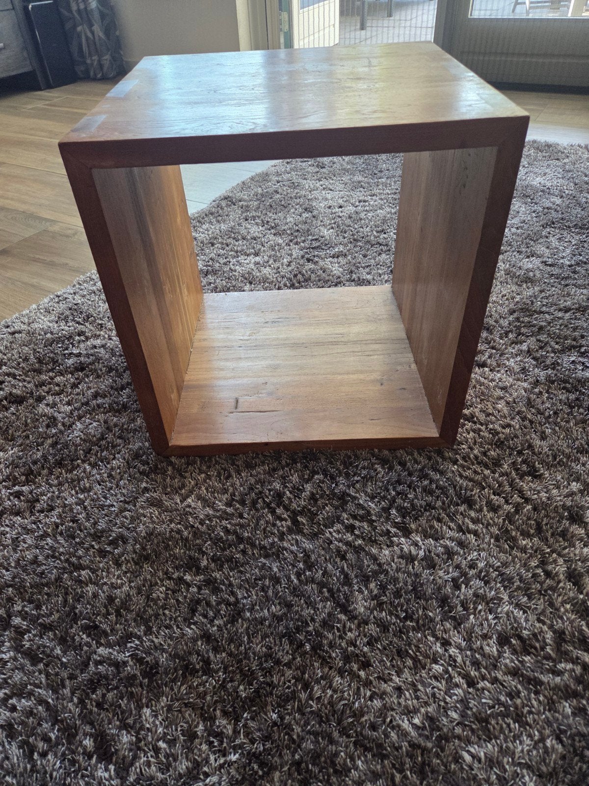 Teak Kubus Bijzettafel/Kruk 45x45 cm, Huis en Inrichting, Tafels | Bijzettafels, Minder dan 55 cm, Gebruikt, Vierkant, Hout
