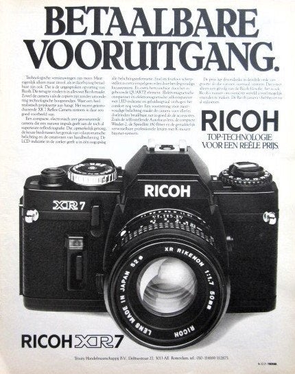 5 vintage advertenties reclames Ricoh camera 81 XR5 XR7 foto, Ophalen of Verzenden, Gebruikt, Overige typen