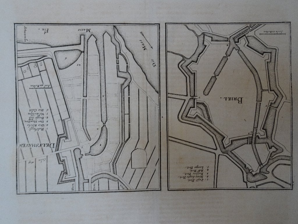 Dubbelgravure plattegrond Delfshaven en Brielle Merian 1670, Antiek en Kunst, Kunst | Etsen en Gravures, Cartografie, Gravure
