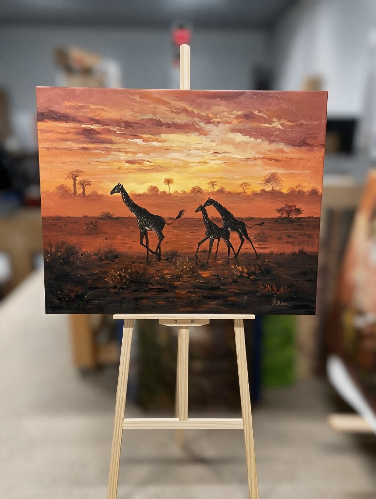 Savannah at Sunset van R. Henn – handgeschilderd schilderij, Antiek en Kunst, Ophalen, Gesigneerd, Acrylverf, Dieren