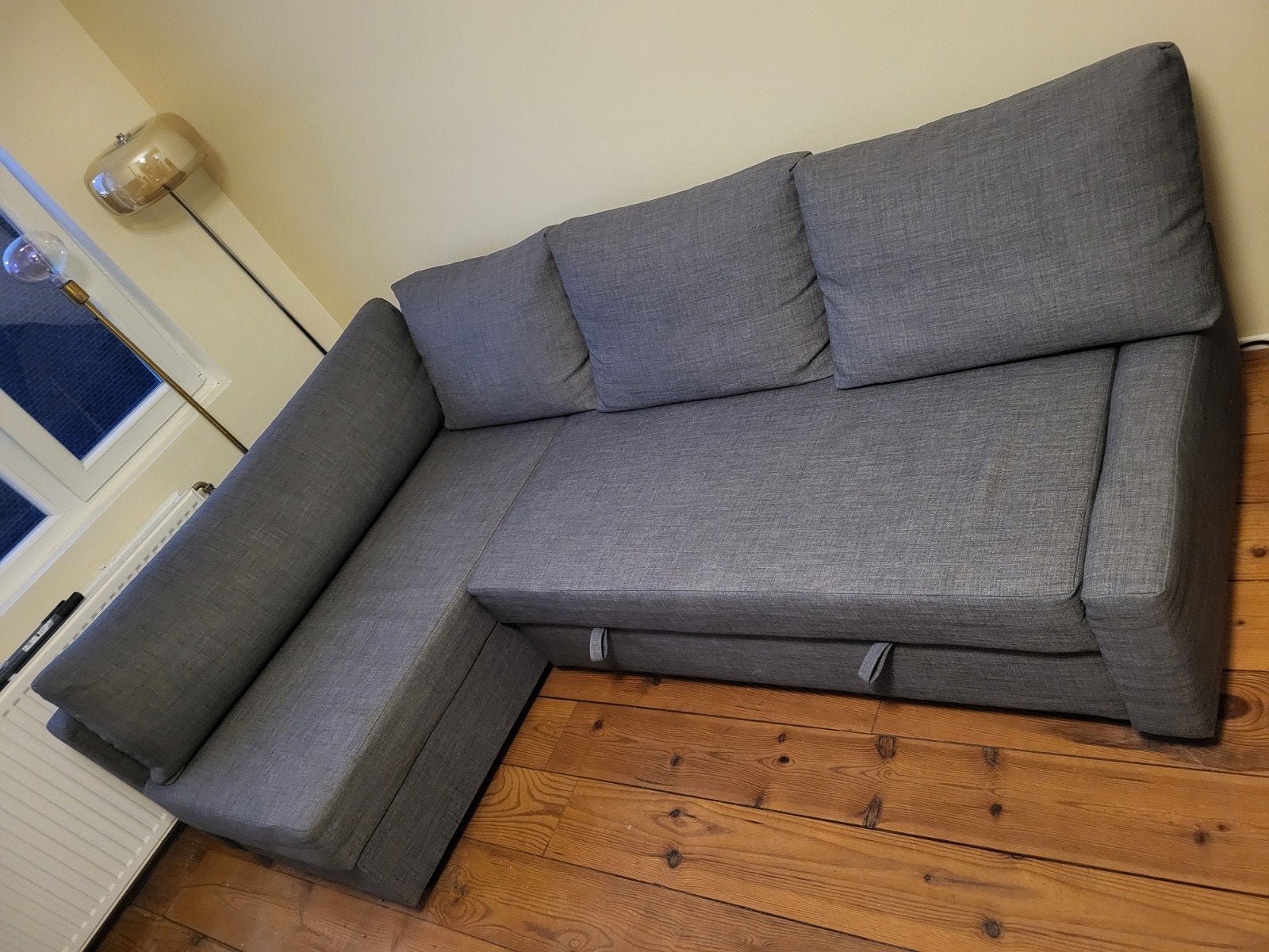 IKEA Grijze hoekslaapbank met opberger, Ophalen, 250 tot 300 cm, Driepersoons, Zo goed als nieuw