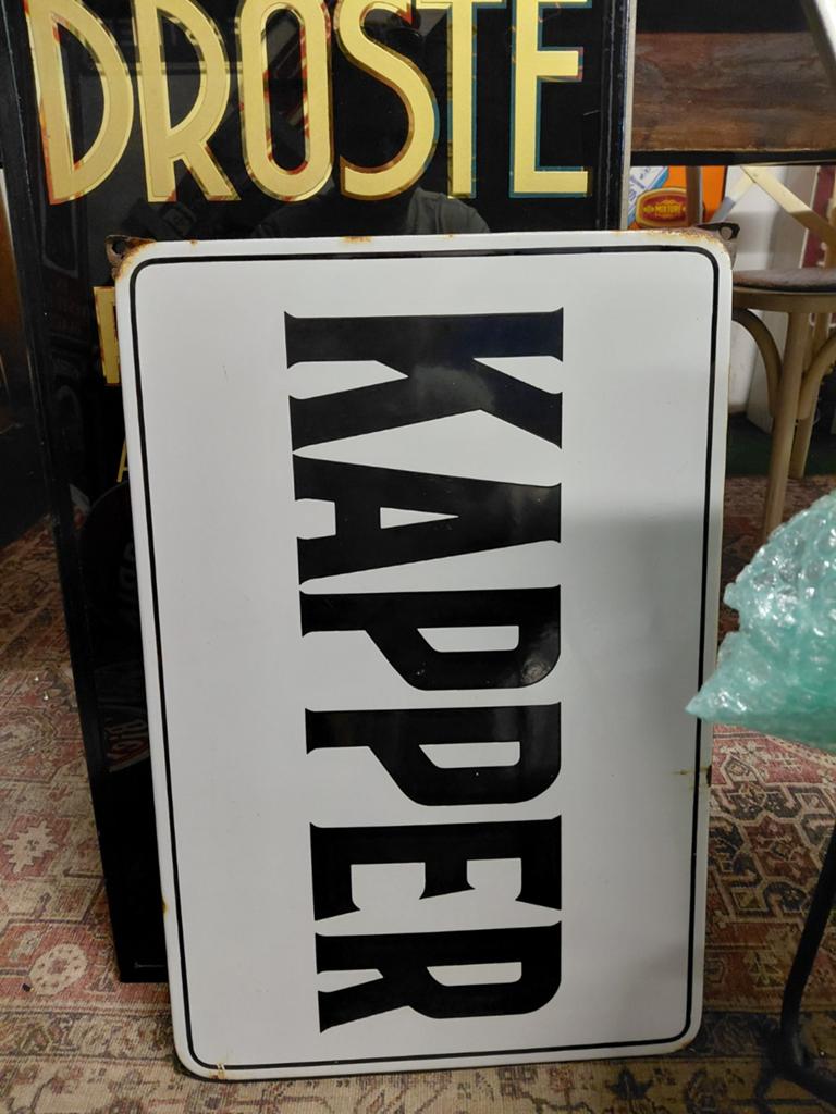 Emaille reclamebord kapper, Ophalen of Verzenden, Gebruikt, Reclamebord