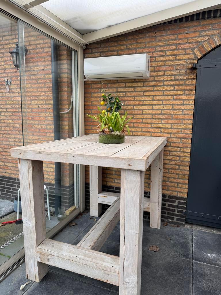 Steigerhouten Bartafel incl 4 barstoelen met kussen, Ophalen of Verzenden, Zo goed als nieuw, Rechthoekig, Hout